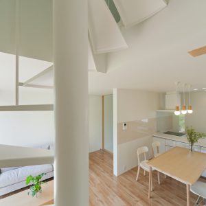 互い違いの内壁/homeHR 階段からリビングダイニングを見る