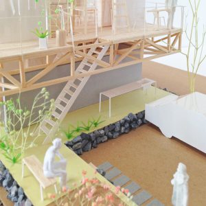 津島の四層二階建て住宅 模型写真　アプローチ