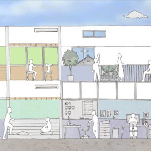 六層二階建ての窓/リナスト障がい者福祉施設 断面イメージ